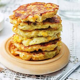 Curried Corn Griddle Cakes with Sorghum-Lime Drizzle Recipe Image